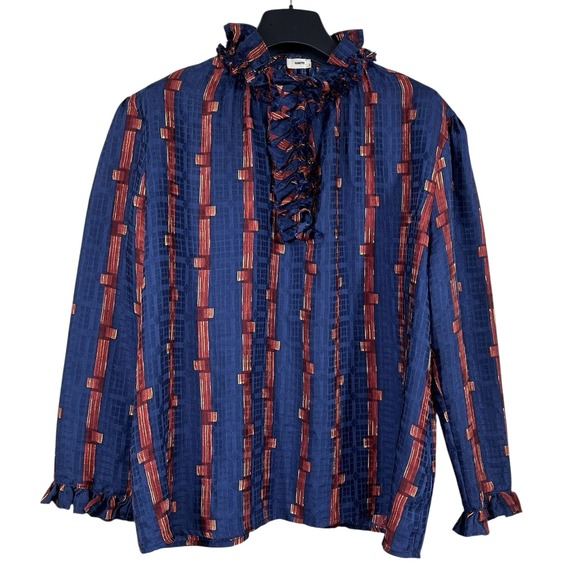 Warm Tops - Warm by Tracy Feith 100% Silk Luxury Blouse Womens S Navy Blue Ruffle Top